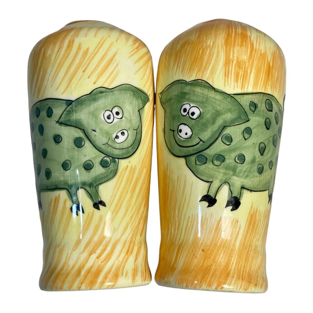 Vintage Pig Pigs Salt & Pepper Shaker Ceramic Country Cottage Core Yellow Green
